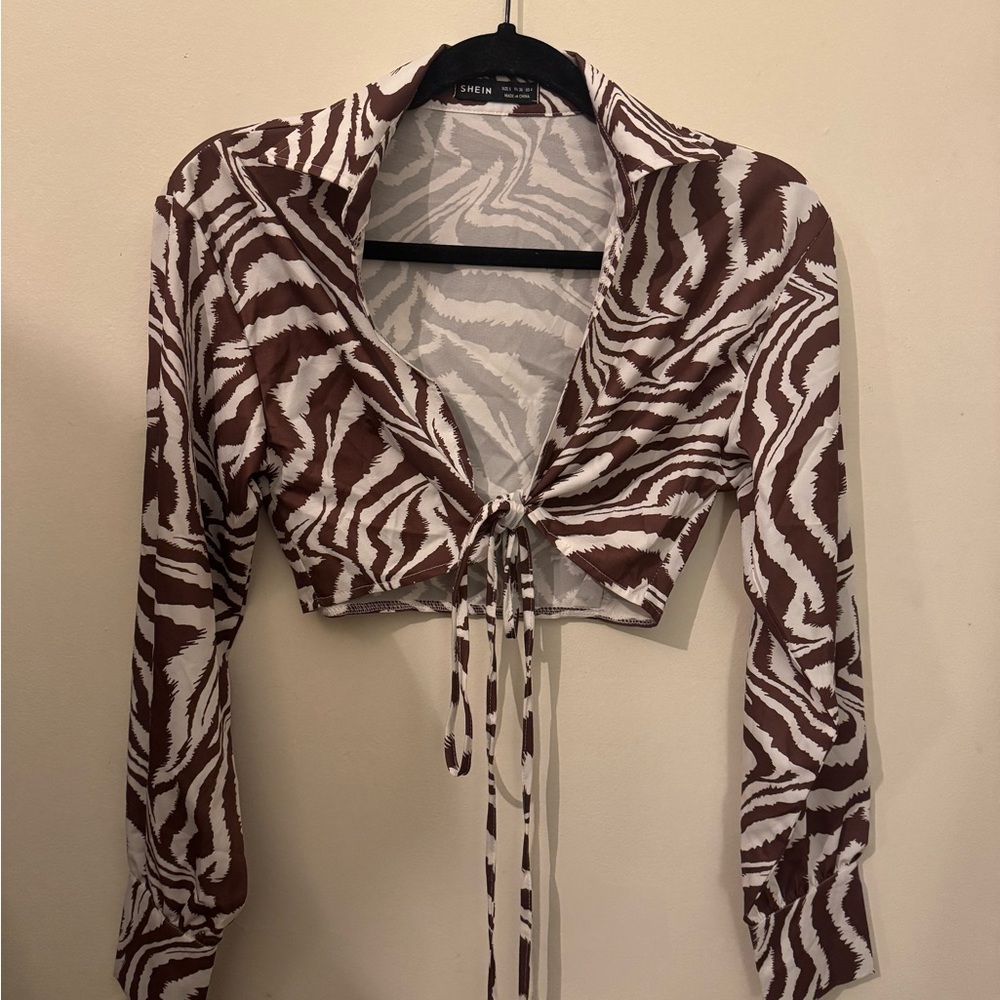 SHEIN Zebra Print Tie-Front Blouse in Brown and White
